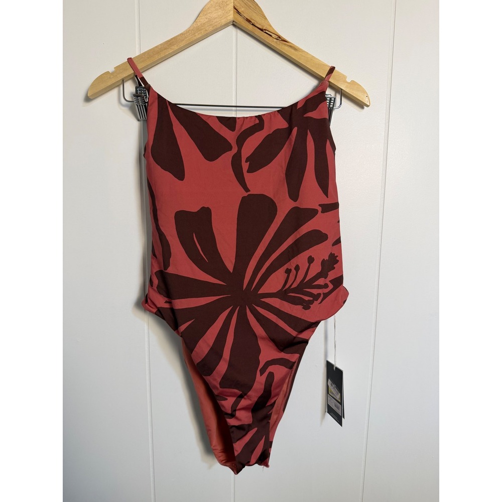 Vitamin A One Piece Swimsuit XXL Rust Brown Tropical Floral High Neck Open Back